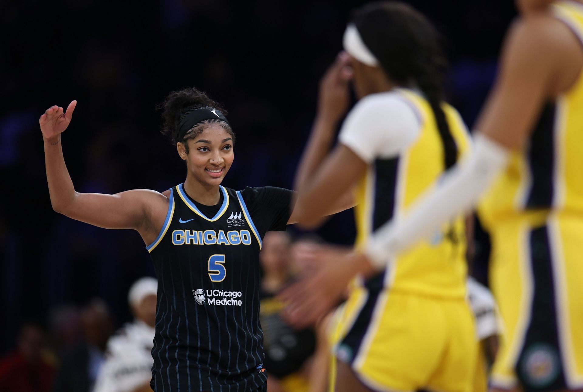 Angel Reese #5 of the Chicago Sky celebrates a 92-85 win over the Los Angeles Sparks at Crypto.com Arena on June 29, 2025 in Los Angeles, California. - Source: Getty
